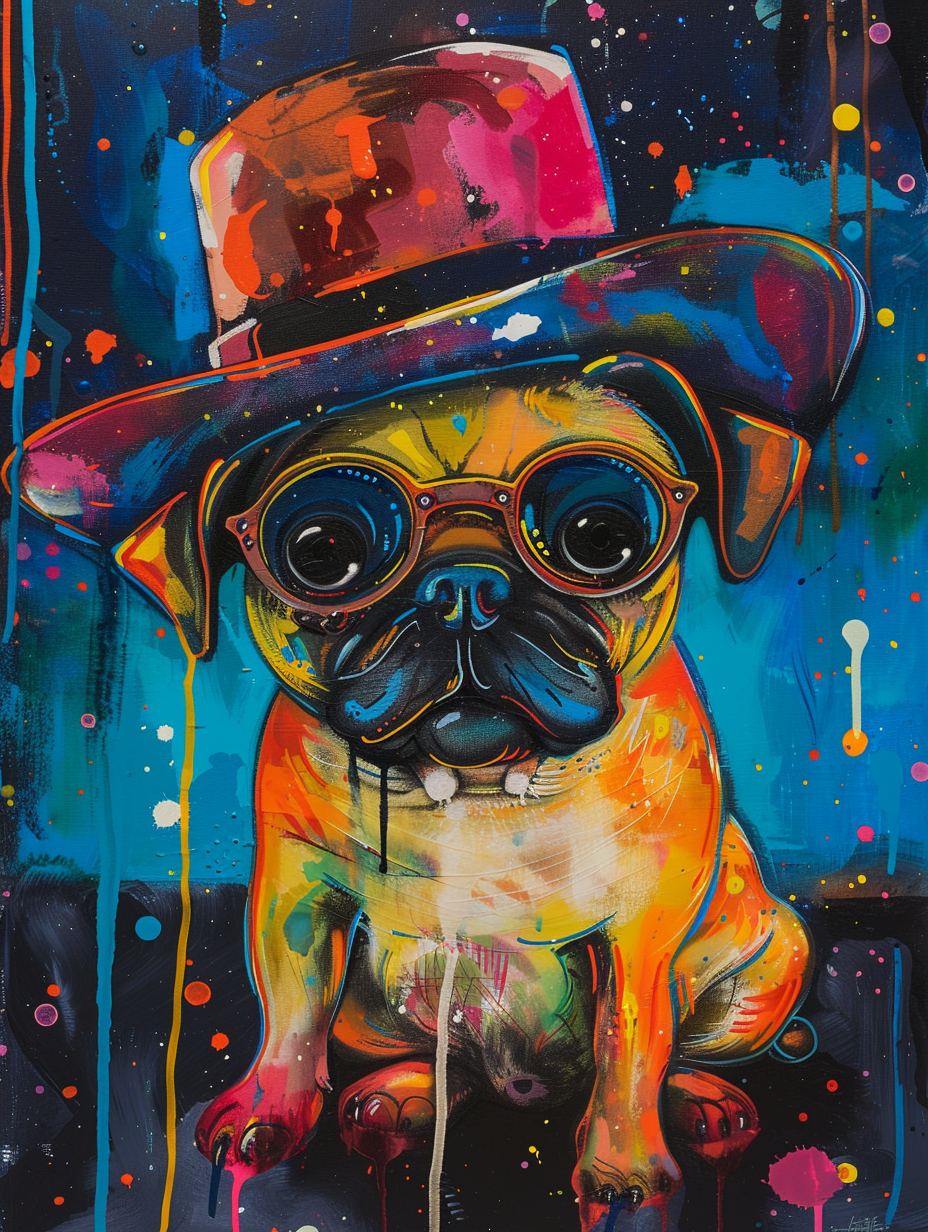 Colorful space Pug dog with a hat Expressive surreal Poster # F025003