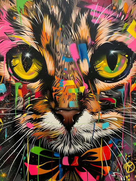 Colorful space Bengal cat with a bow tie Expressive surreal Poster # F024377