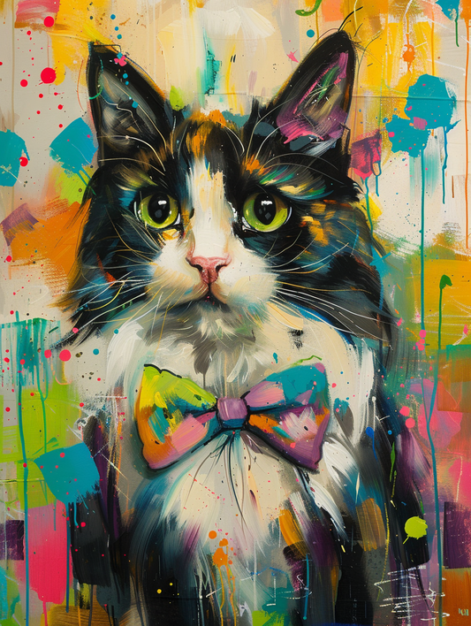 Colorful space Norwegian Forest Cat cat with a bow Expressive surreal Poster # F024355