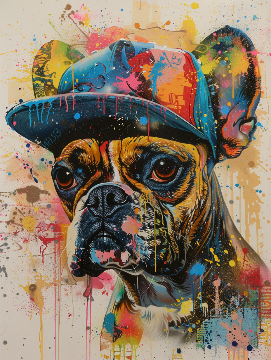 Colorful space Boxer dog with a hat Expressive surreal Poster # F024562