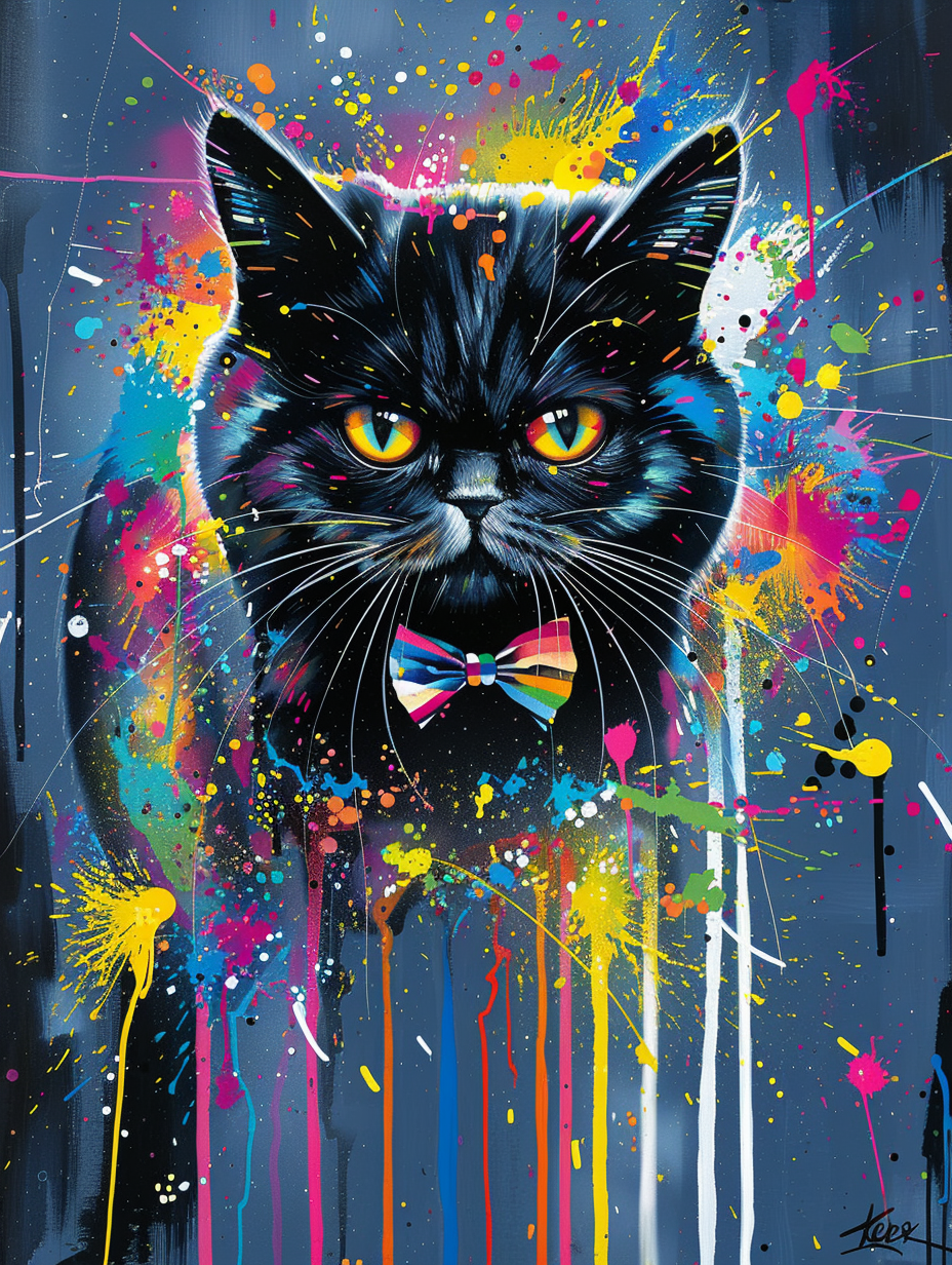 Colorful space British Shorthair cat with a bow ti Expressive surreal Poster # F024369
