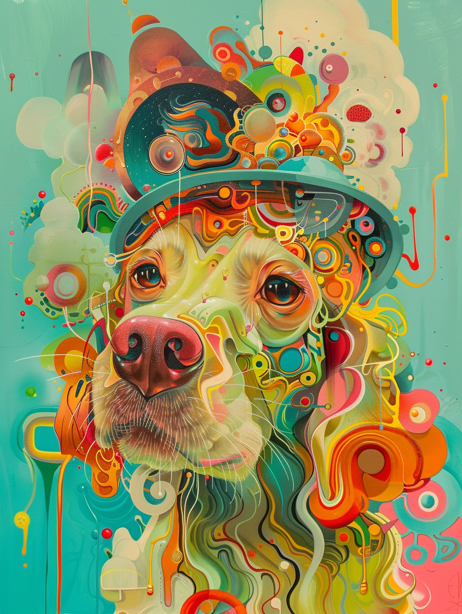 colorful space Golden Retriever dog with a hat Expressive surreal Poster # F025176