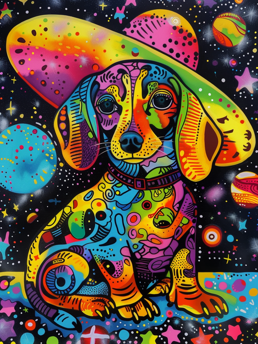 Colorful space Dachshund dog with a hat Expressive surreal Poster # F024555