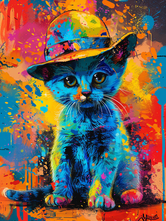 colorful space Russian Blue cat with a hat Expressive surreal Poster # F025343