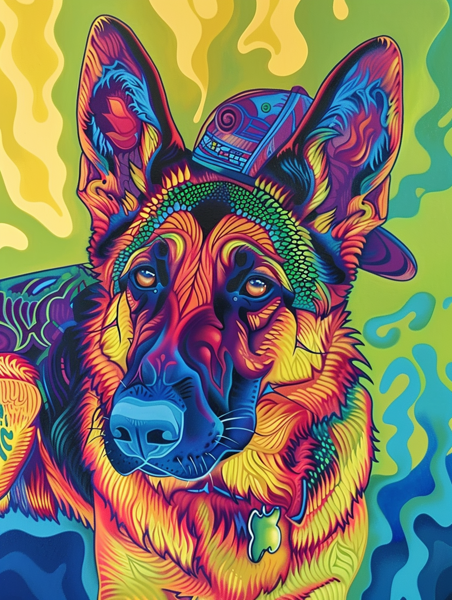 Colorful space German Shepherd dog with a hat Expressive surreal Poster # F024486