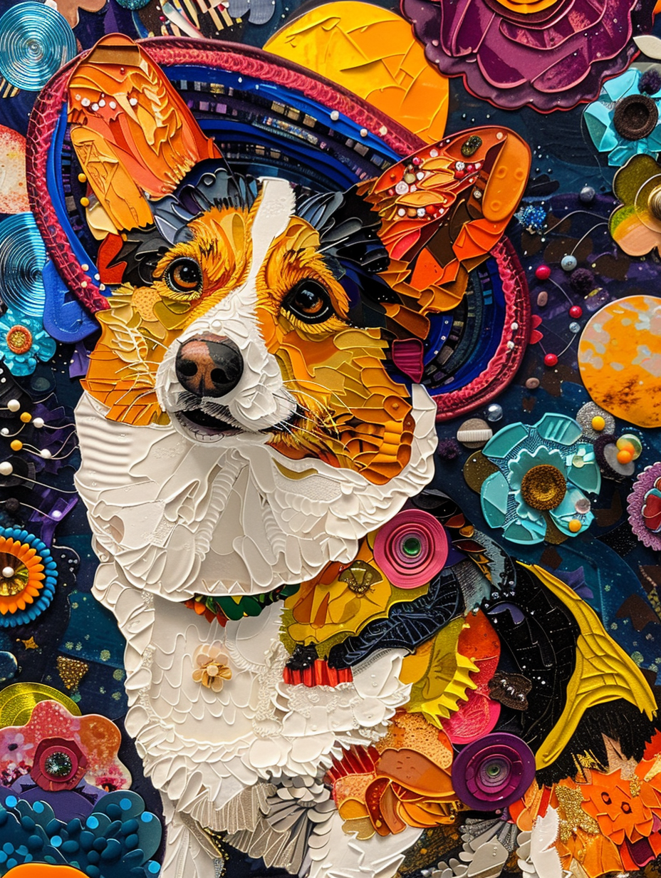 Colorful space Pembroke Welsh Corgi dog with a hat Expressive surreal Poster # F025023