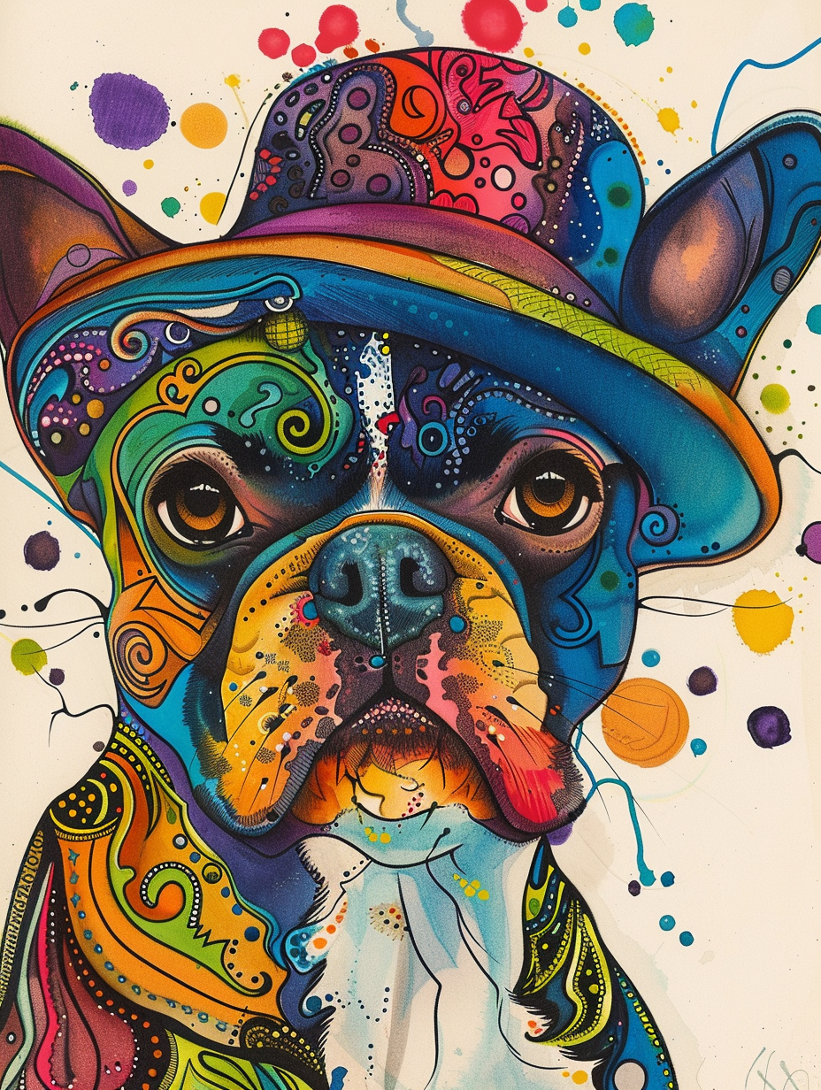 colorful space Boston Terrier dog with a hat Expressive surreal Poster # F025479