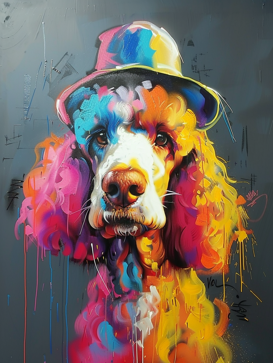 Colorful space Poodle dog with a hat Expressive surreal Poster # F024532