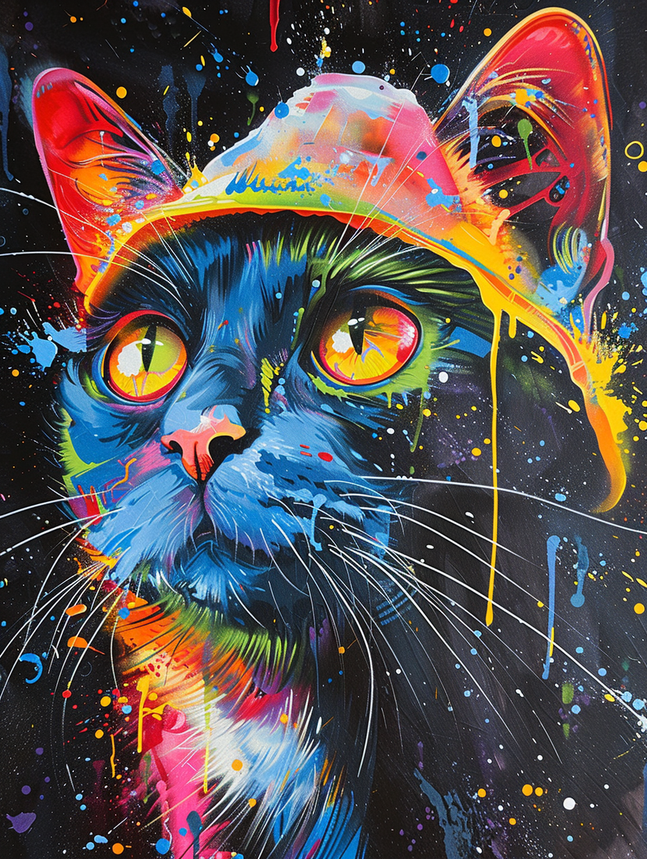 colorful space American Shorthair cat with a hat Expressive surreal Poster # F025226