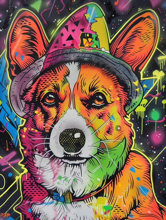 Colorful space Pembroke Welsh Corgi dog with a hat Expressive surreal Poster # F025156