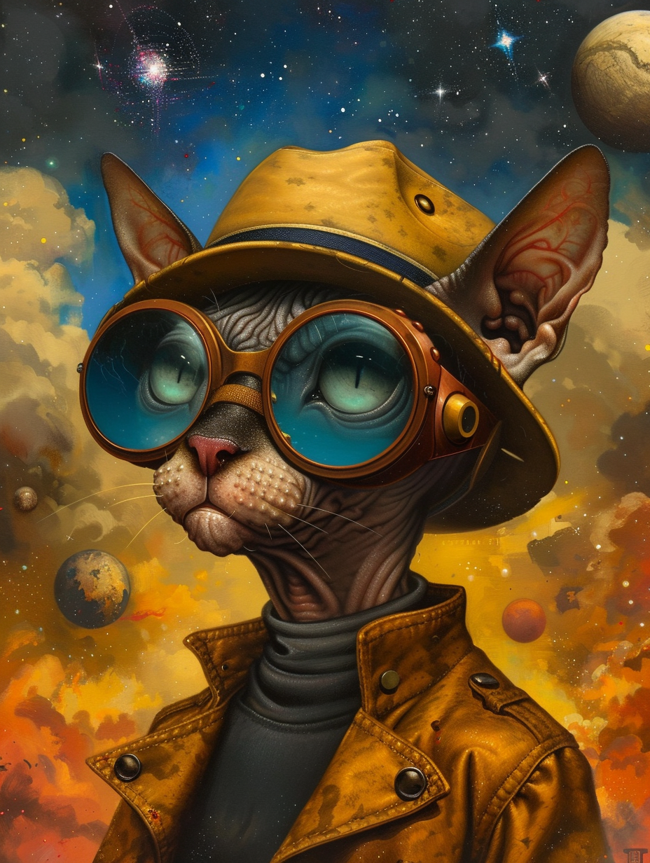 Colorful space Cornish Rex cat with a hat Expressive surreal Poster # F025382