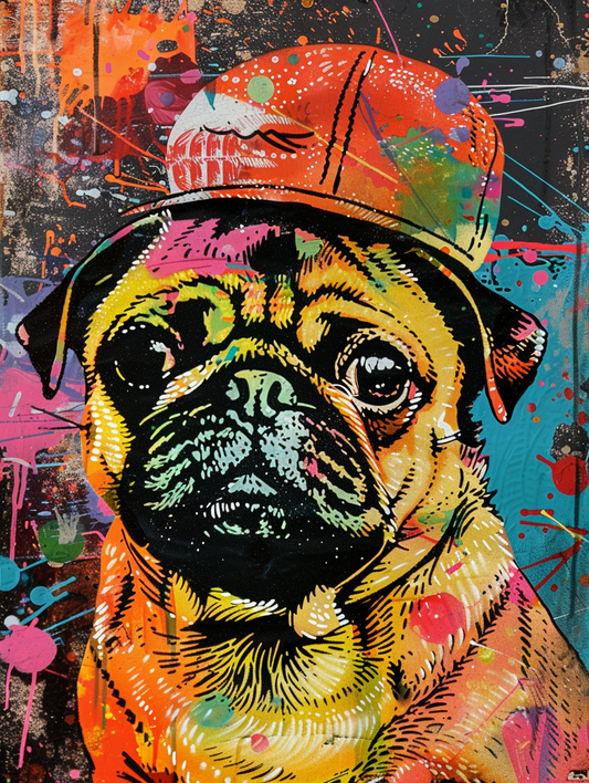 Colorful space Pug dog with a hat Expressive surreal Poster # F024417