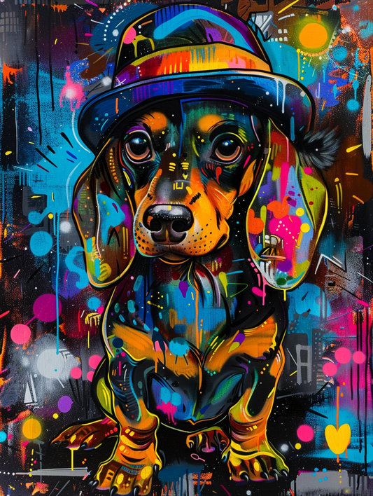 Colorful space Dachshund dog with a hat Expressive surreal Poster # F024949