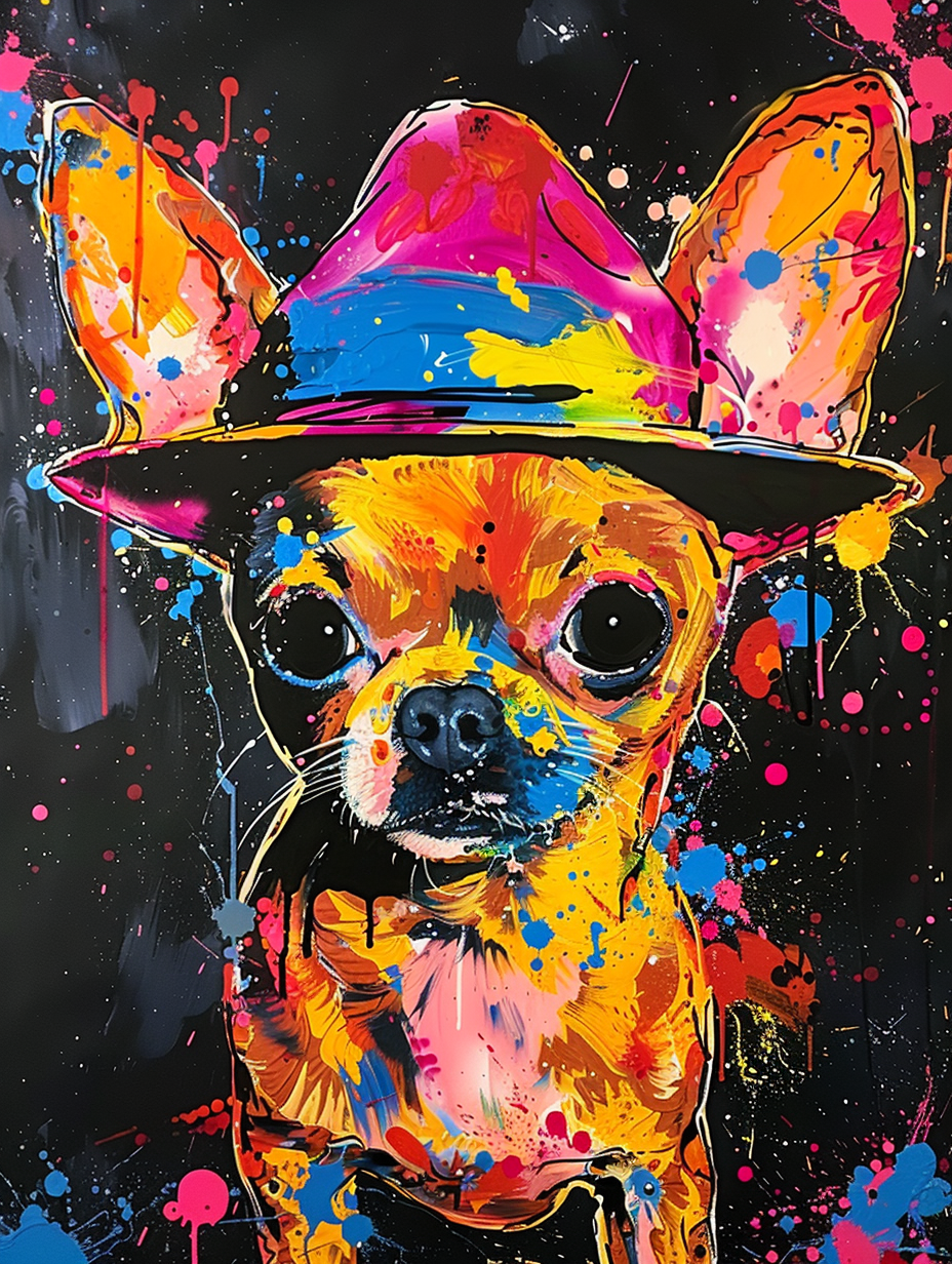 Colorful space Chihuahua dog with a hat Expressive surreal Poster # F024618