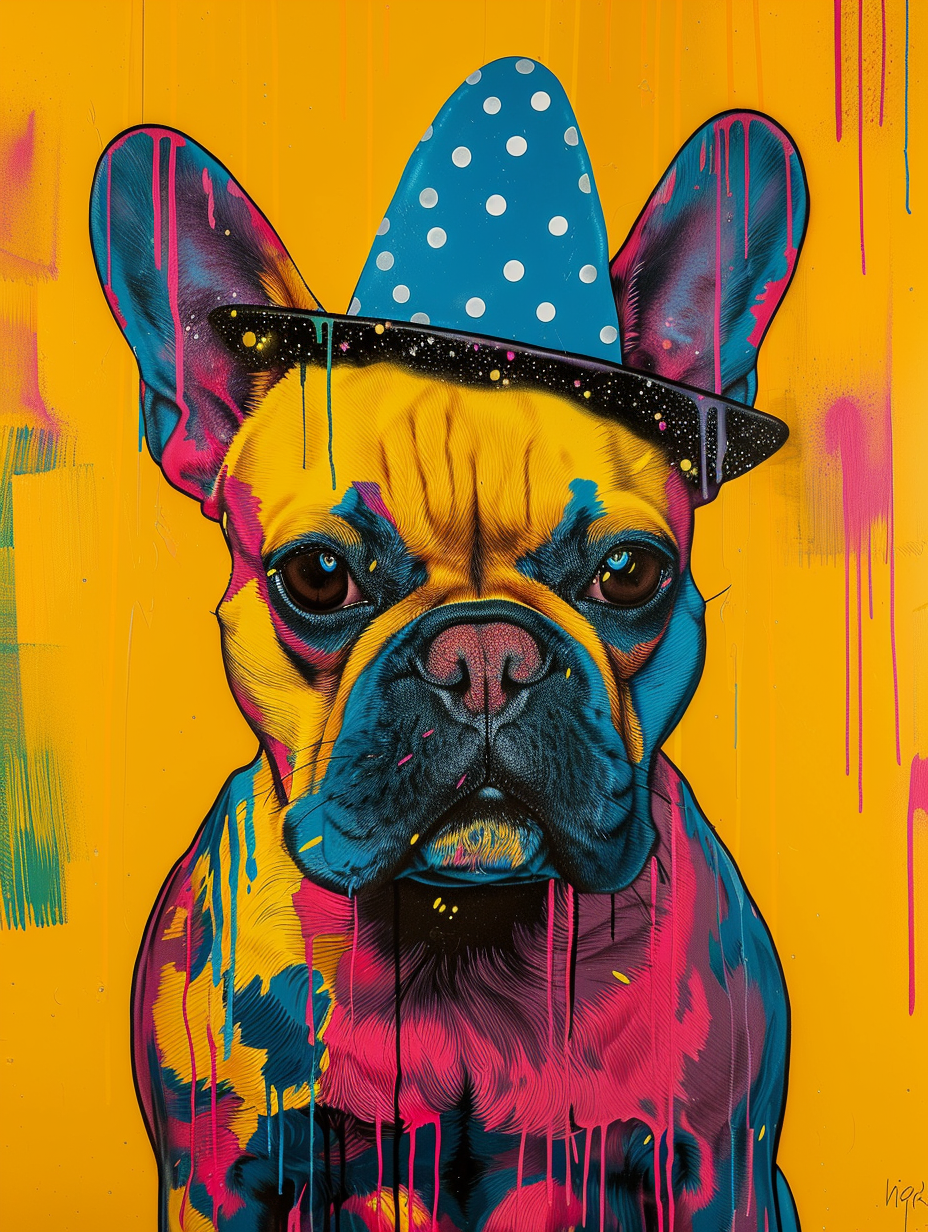 Colorful space French Bulldog dog with a hat Expressive surreal Poster # F025053