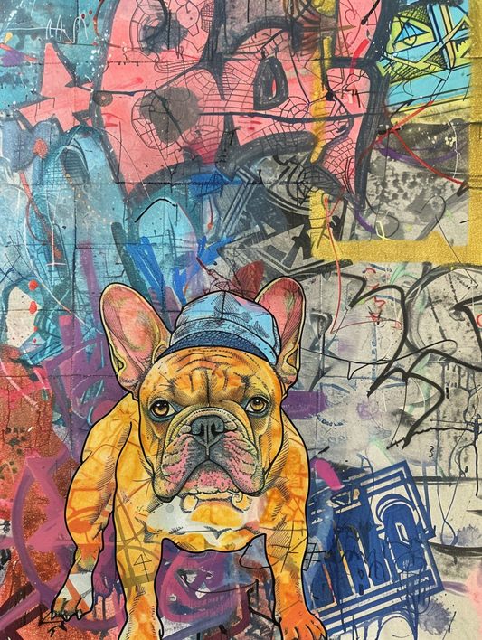 Colorful space French Bulldog dog with a hat Expressive surreal Poster # F024501