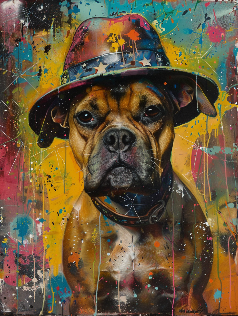 Colorful space Boxer dog with a hat Expressive surreal Poster # F024994