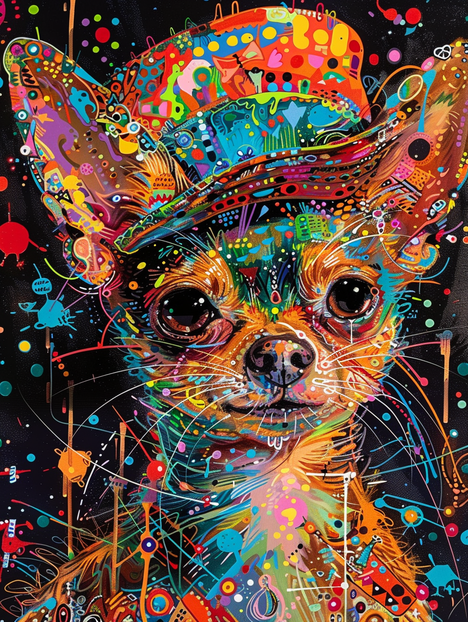 Colorful space Chihuahua dog with a hat Expressive surreal Poster # F024456