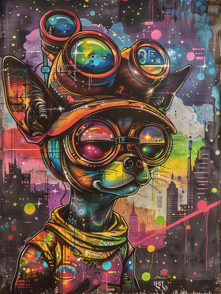 Colorful space Chihuahua dog with a hat Expressive surreal Poster # F024987