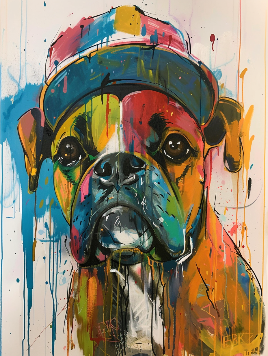 Colorful space Boxer dog with a hat Expressive surreal Poster # F024583