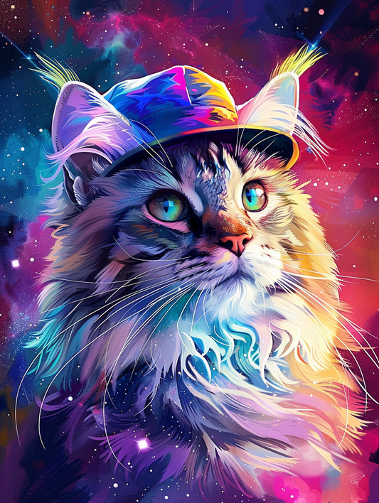 Colorful space Norwegian Forest Cat cat with a hat Expressive surreal Poster # F025365
