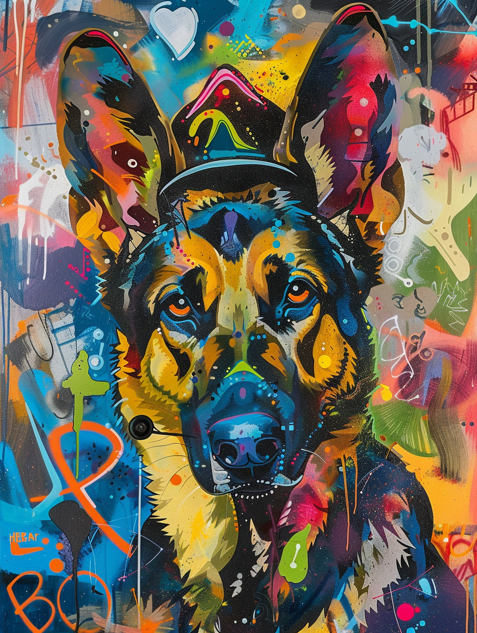 Colorful space German Shepherd dog with a hat Expressive surreal Poster # F024449