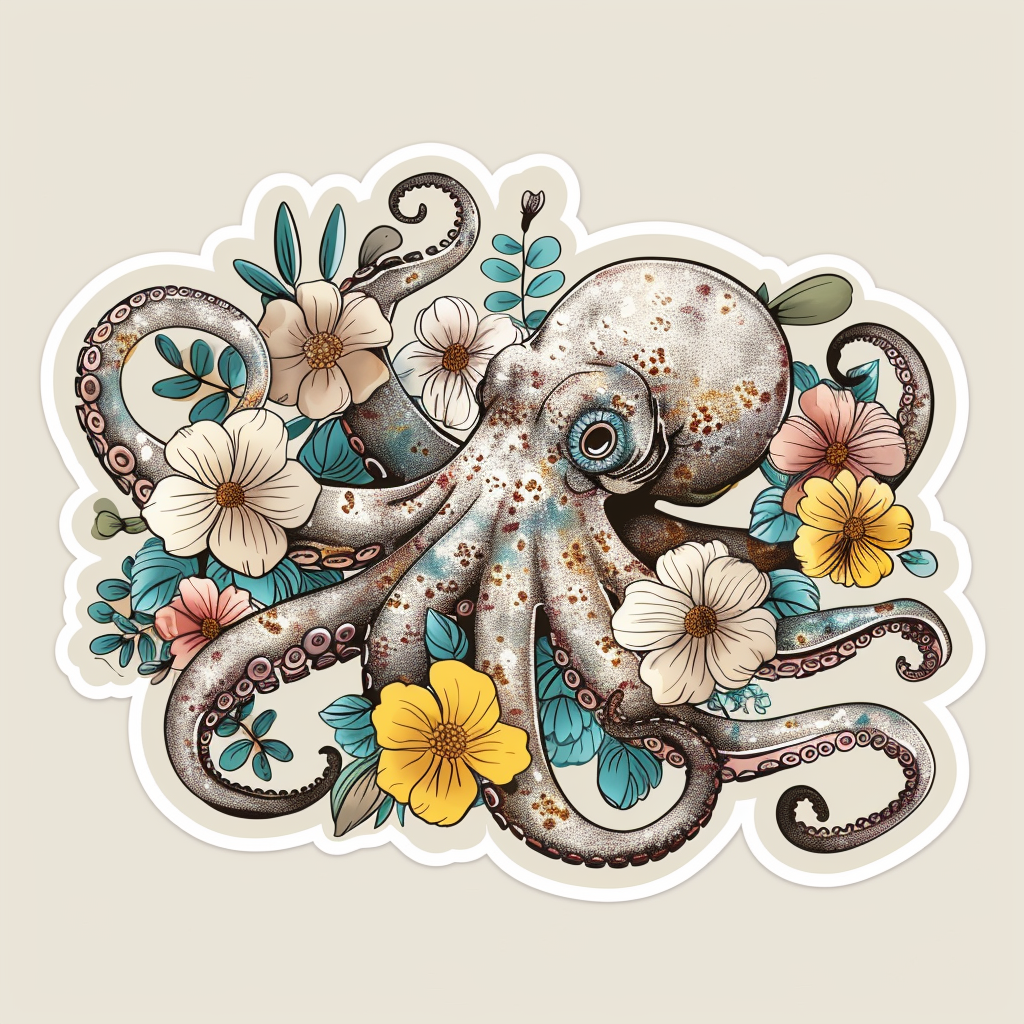 Octopus floral majestic Expressive surreal Vinyl Decal Sticker for Car, Laptop, Tumbler and more # F015560