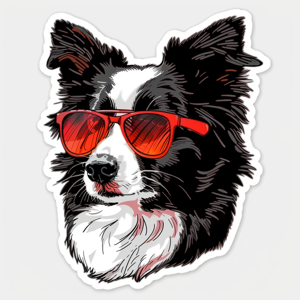 Border Collie Dog wearing sunglasses Expressive surreal Vinyl Decal Sticker for Car, Laptop, Tumbler and more # F021694-4" x 4"