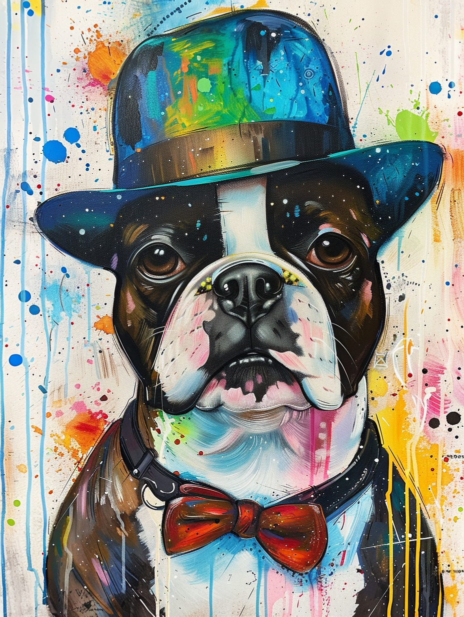 colorful space Boston Terrier dog with a hat Expressive surreal Poster # F025111