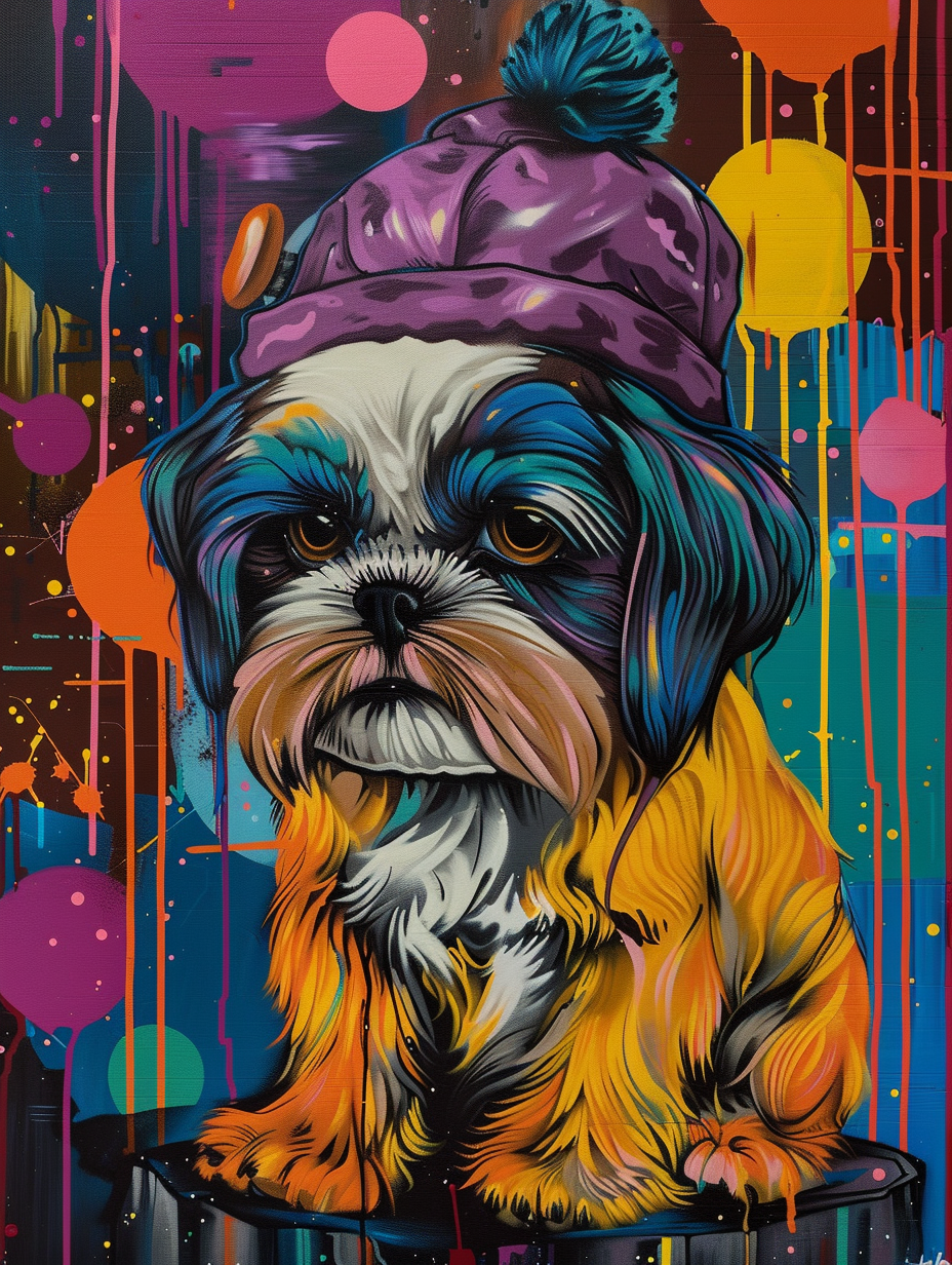 Colorful space Shih Tzu dog with a hat Expressive surreal Poster # F024421