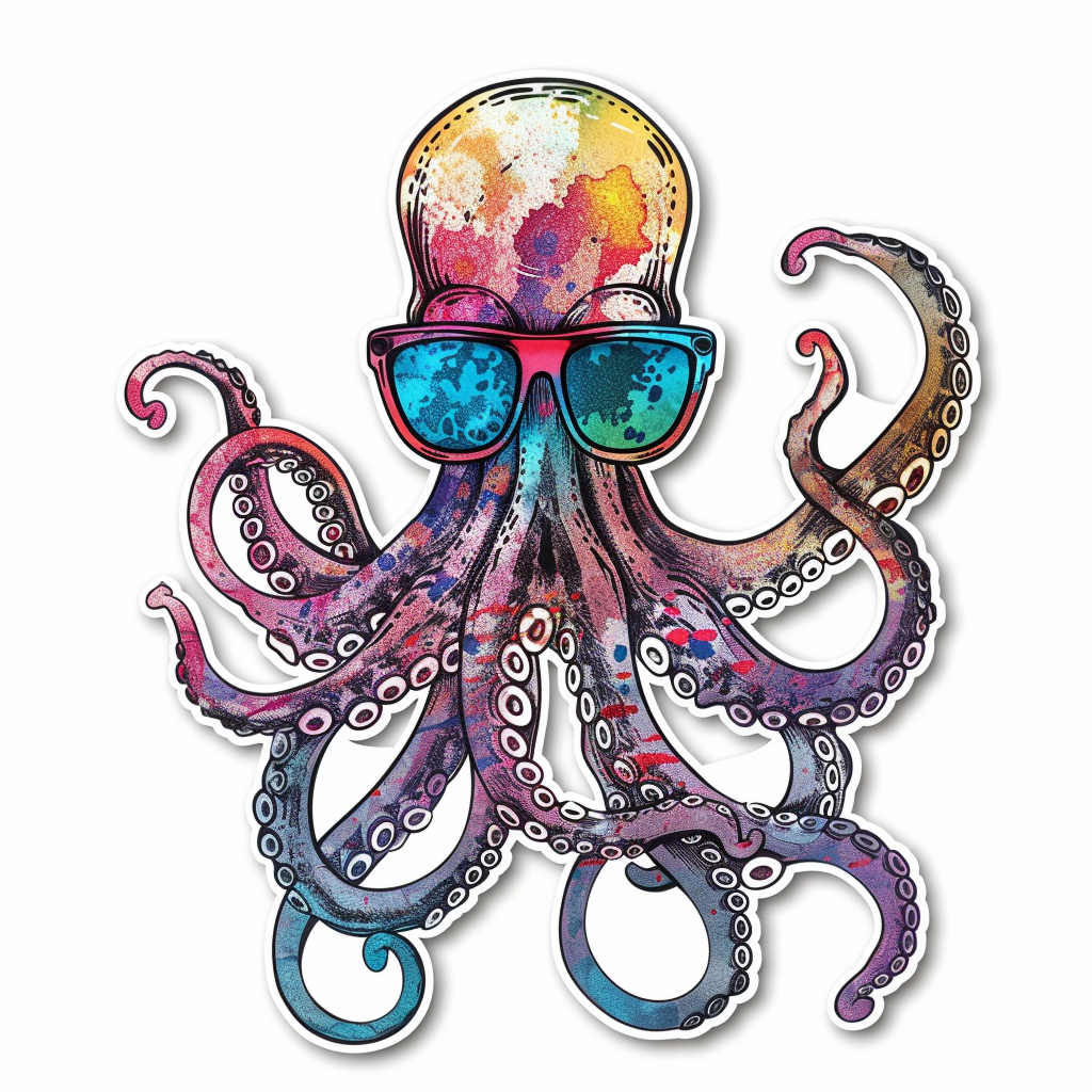 Sticker of a Octopus wearing sunglasses majestic Expressive surreal Vinyl Decal Sticker for Car, Laptop, Tumbler and more # F015379