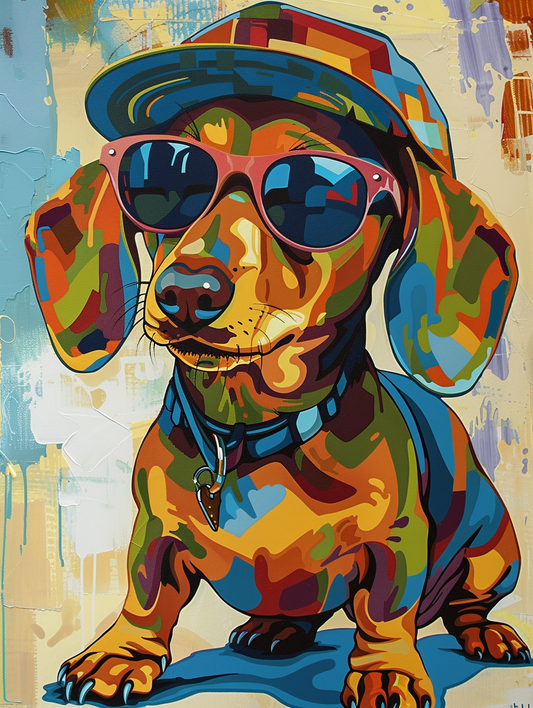 Colorful space Dachshund dog with a hat - Expressive surreal Poster # F025644