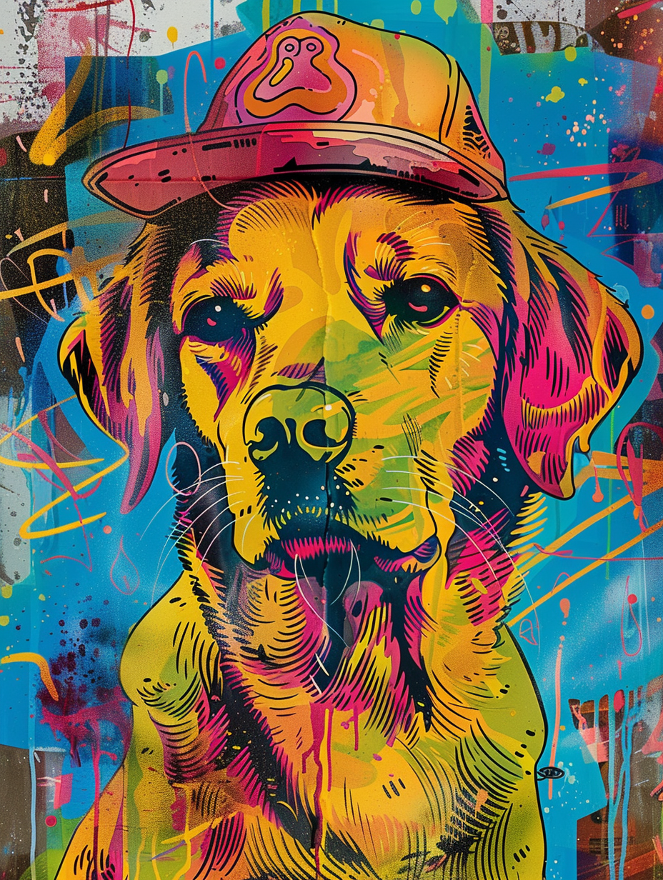 Colorful space Golden Retriever dog with a hat Expressive surreal Poster # F025393