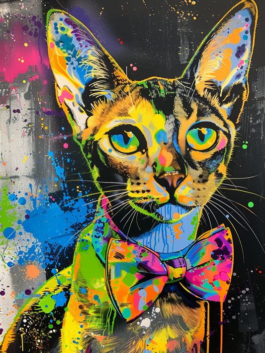 Colorful space Savannah cat with a bow tie Expressive surreal Poster # F024332
