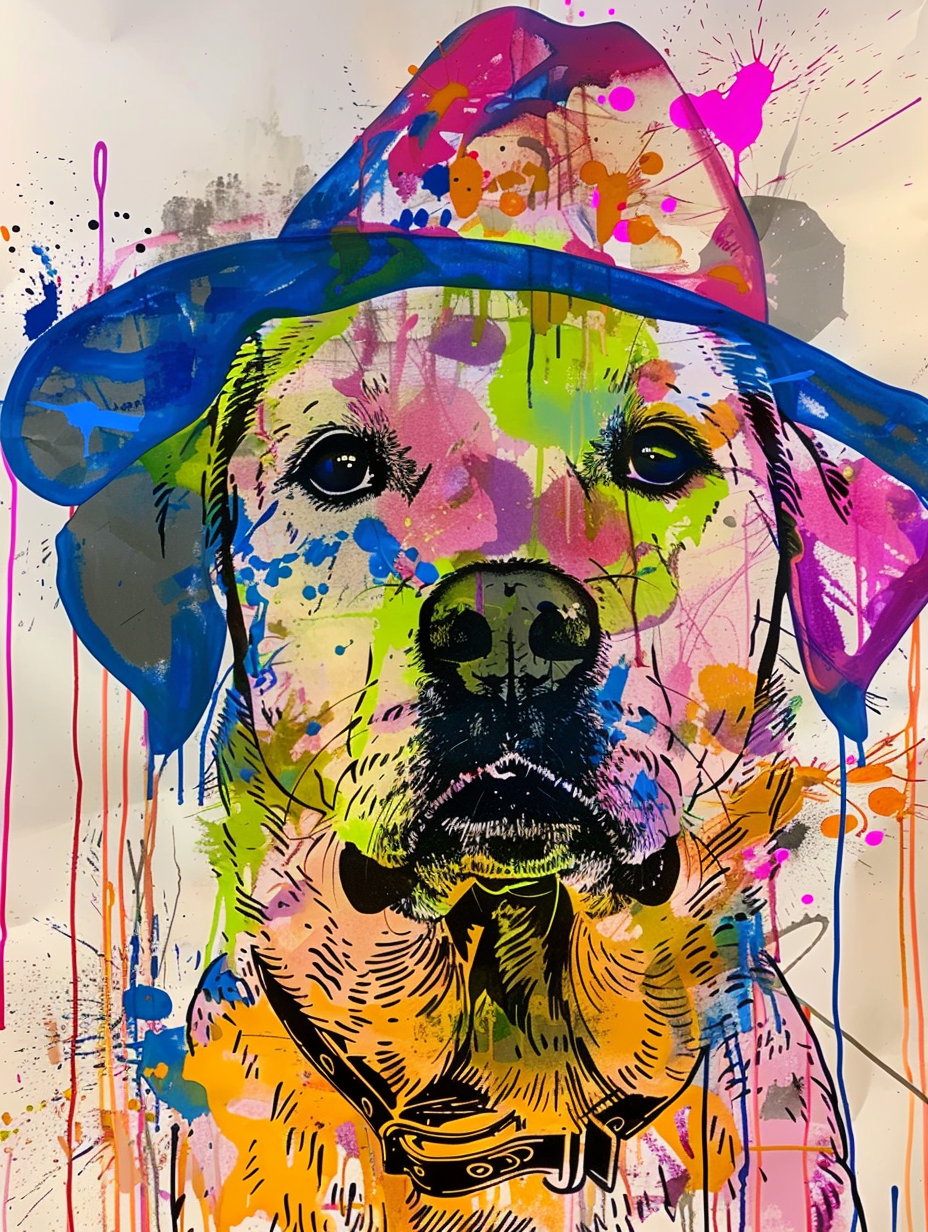 colorful space Labrador Retriever dog with a hat Expressive surreal Poster # F025191