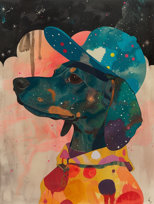 Colorful space Dachshund dog with a hat - Expressive surreal Poster # F025469