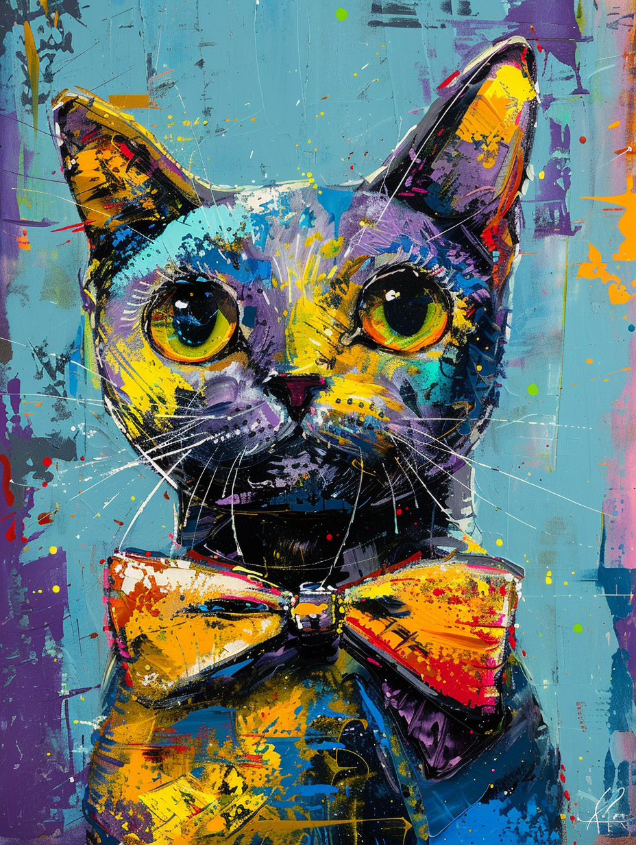 Colorful space American Shorthair cat with a bow Expressive surreal Poster # F024308