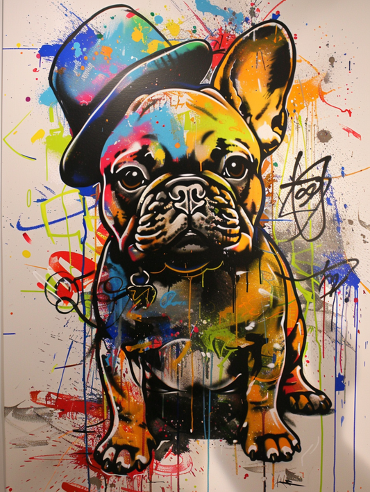 Colorful space French Bulldog dog with a hat Expressive surreal Poster # F025420