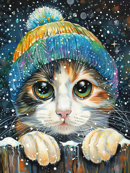 Colorful space Norwegian Forest Cat cat with a hat Expressive surreal Poster # F025349