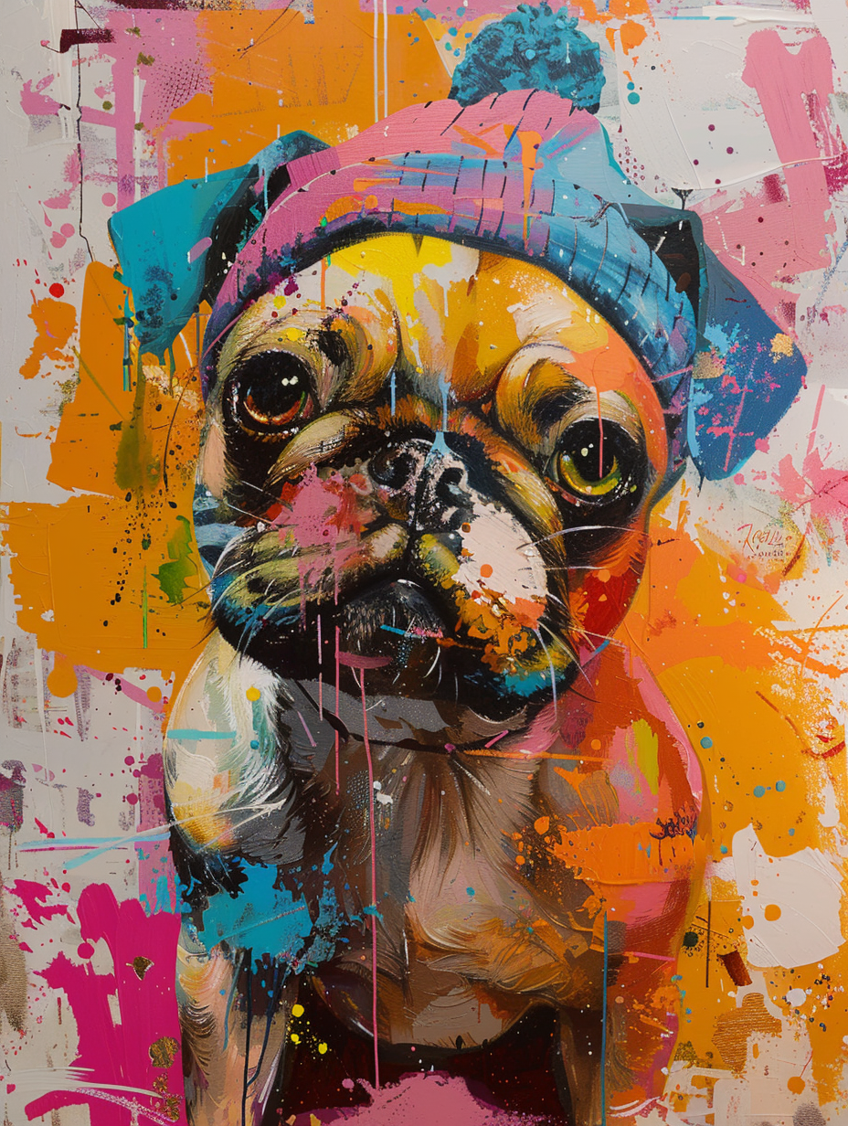 Colorful space Pug dog with a hat by Hebru Brantle Poster # F024559