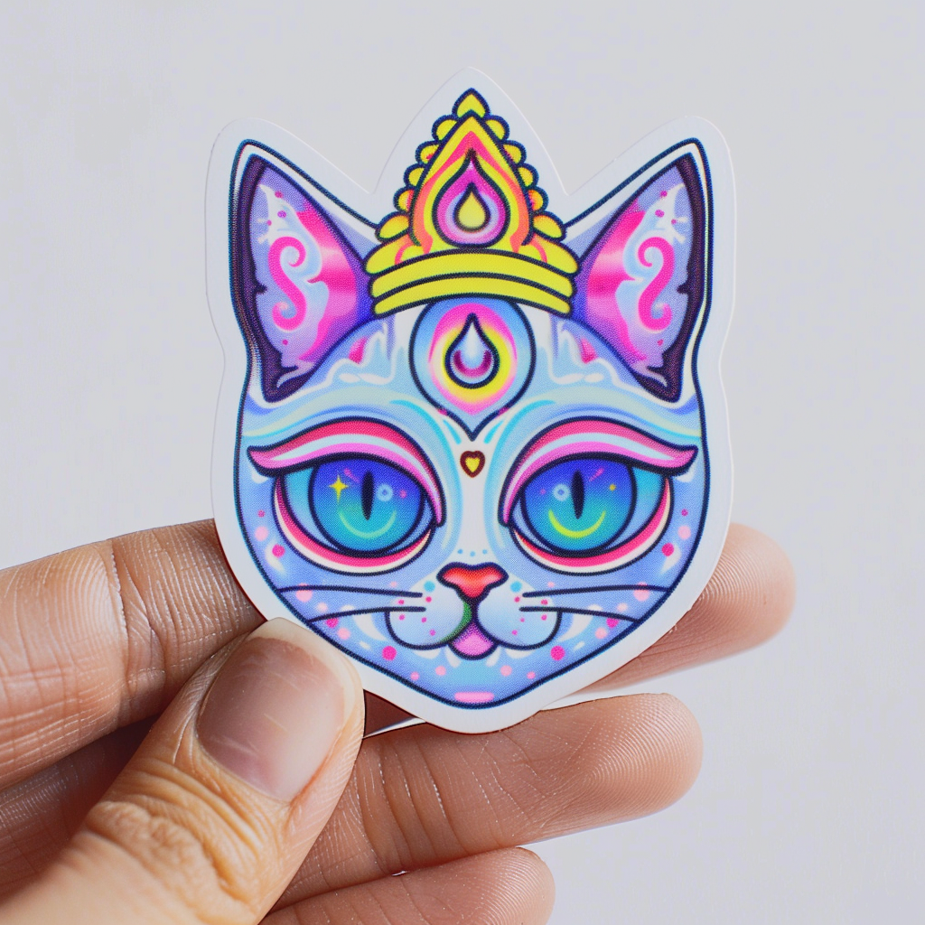 Sticker of a Cat Buddha cartoon majestic Expressive surreal Vinyl Decal Sticker for Car, Laptop, Tumbler and more # F017209