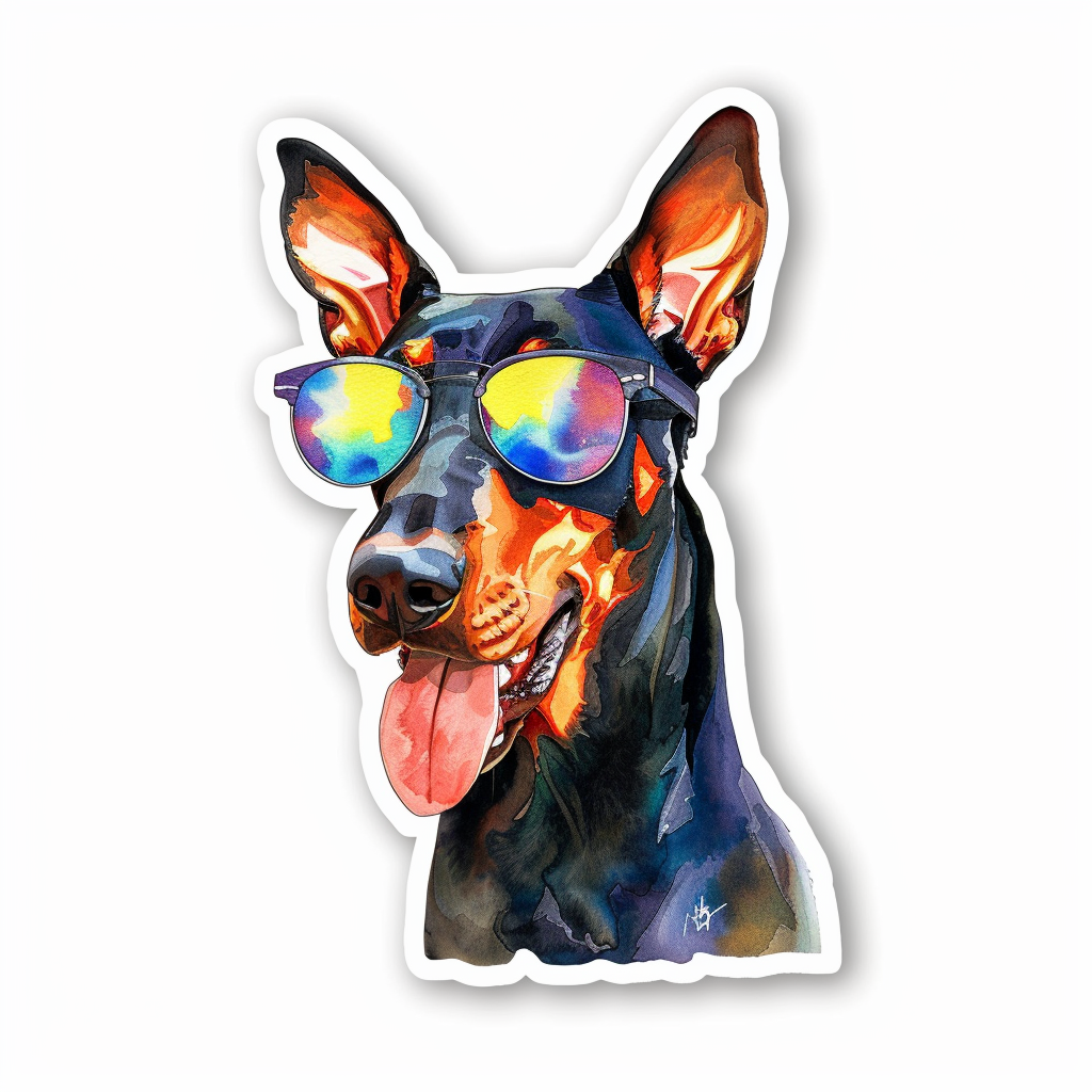 Sticker of a Doberman Pinscher Dog wearing sunglasses Expressive surreal Vinyl Decal Sticker for Car, Laptop, Tumbler and more # F019257