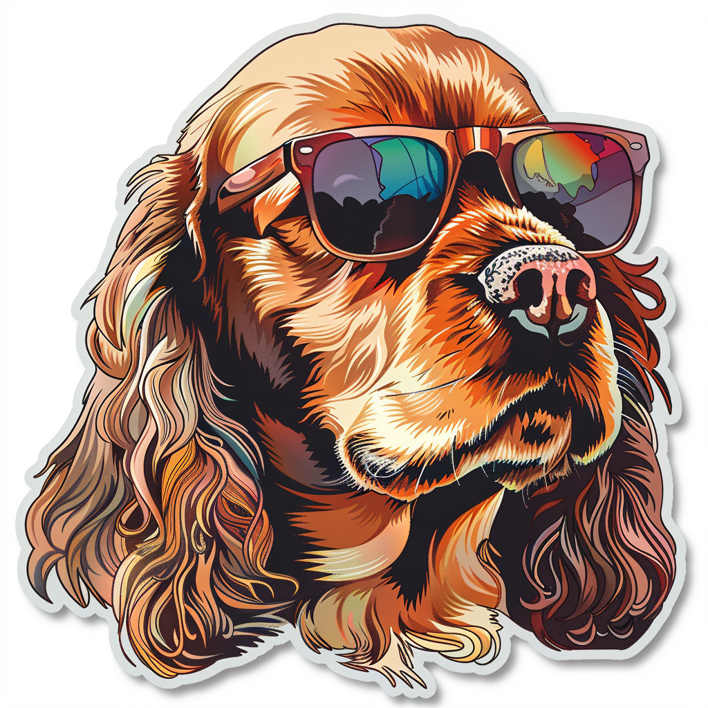 Cocker Spaniel Dog wearing sunglasses Expressive surreal Vinyl Decal Sticker for Car, Laptop, Tumbler and more # F020096-4" x 4"