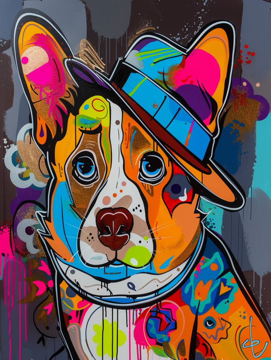 Colorful space Pembroke Welsh Corgi dog with a hat Expressive surreal Poster # F025185
