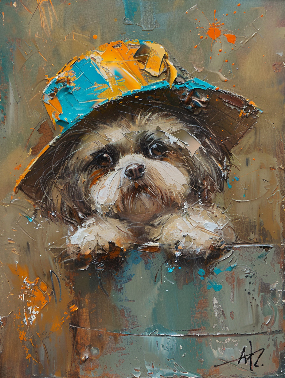 Colorful space Shih Tzu dog with a hat Expressive surreal Poster # F024430