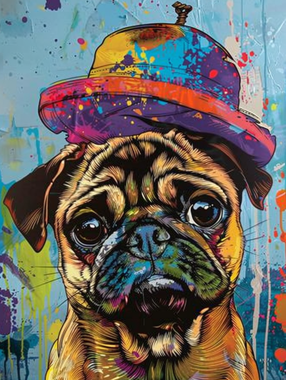 Colorful space Pug dog with a hat Expressive surreal Poster # F025150