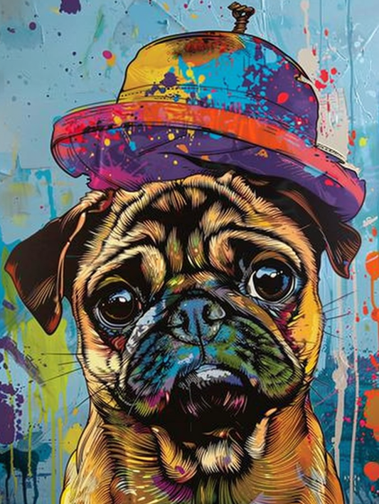 Colorful space Pug dog with a hat Expressive surreal Poster # F025150