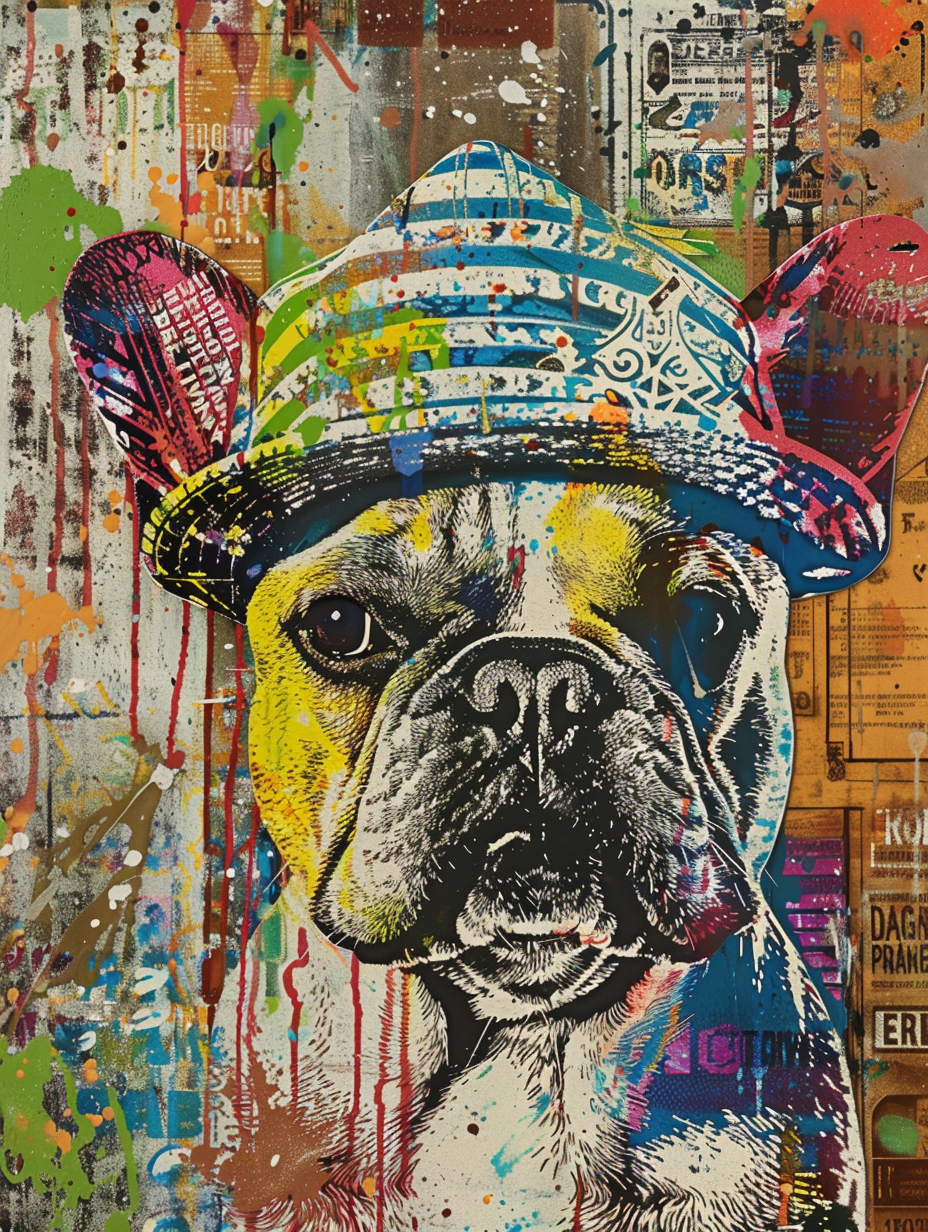 Colorful space French Bulldog dog with a hat Expressive surreal Poster # F025530