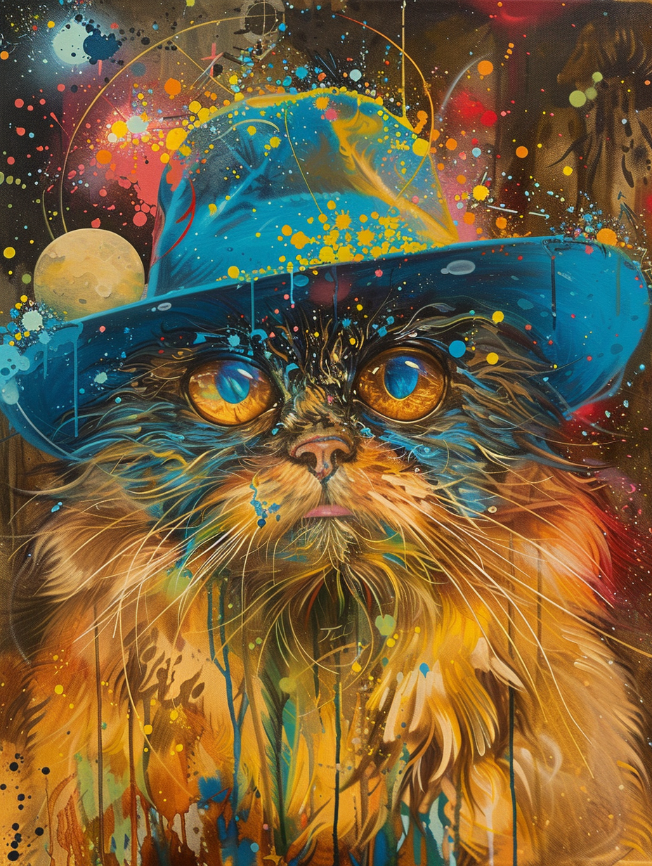 Colorful space Persian cat with a hat by Hebru Bra Expressive surreal Poster # F024604
