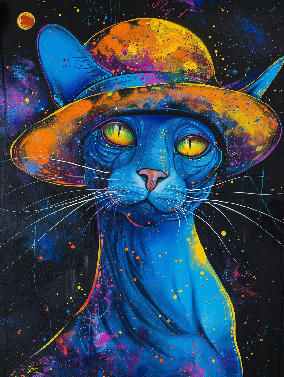 colorful space Russian Blue cat with a hat Expressive surreal Poster # F025222